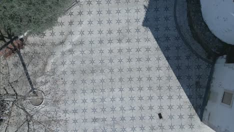 top down aerial view of famous floor or sidewalk near of santo amaro chapel with some trees in lisbon, portugal