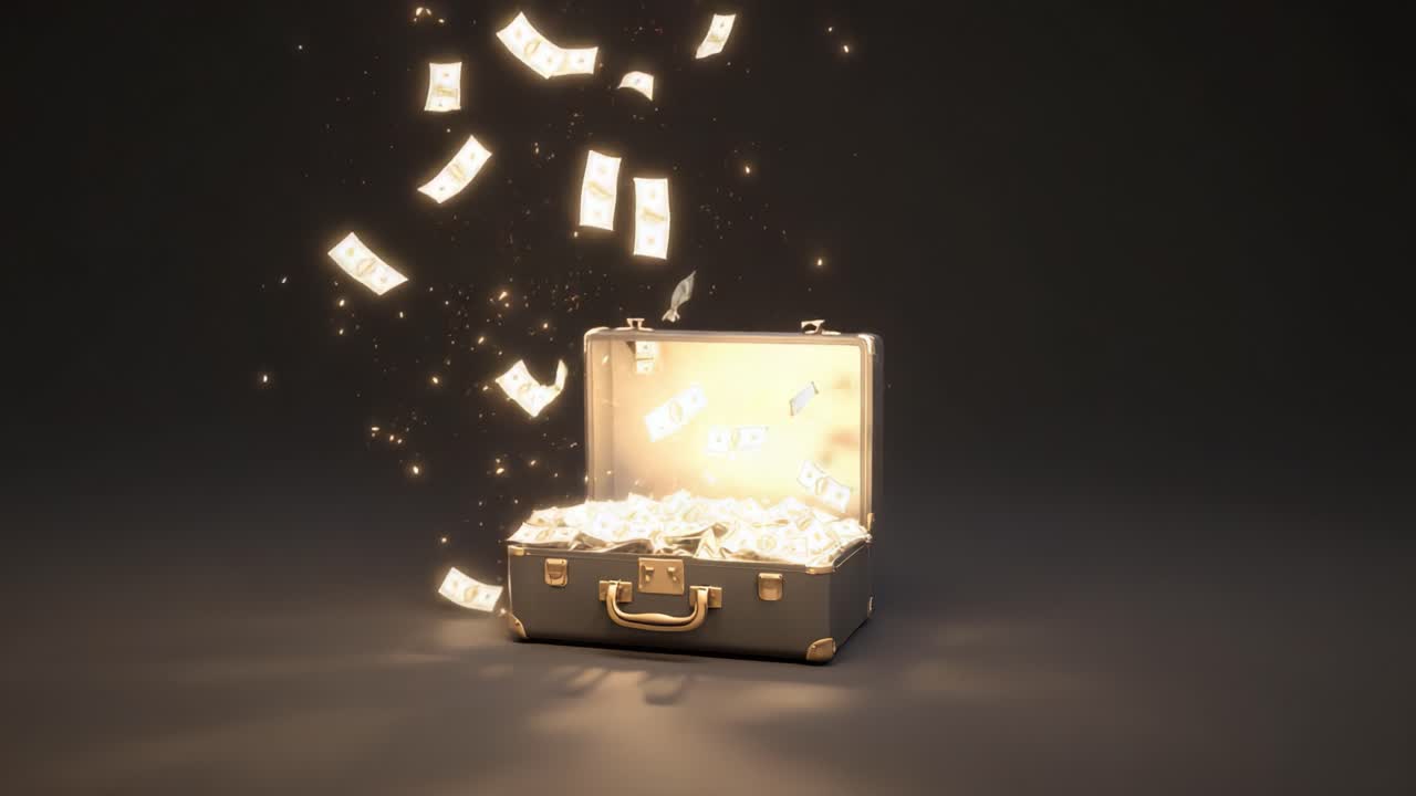 A luxurious briefcase overflowing with cash and sparkling lights, symbolizing wealth and abundance as money floats around in an enchanting display of prosperity and grandeur