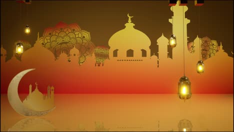 eid mubarak gráficos animados con luna y mezquita con fondo de mandala islámico. mezquita de linterna religiosa islámica tradicional. celebración del ramadán. decoración de festivales de cultura árabe