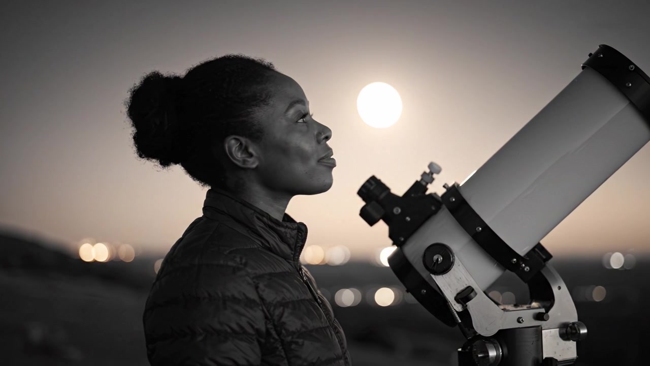 En nysgerrig astronom observerer den majestætiske sol gennem et teleskop under en fredfyldt skumring, der fanger både undren og opdagelse på nattehimlen