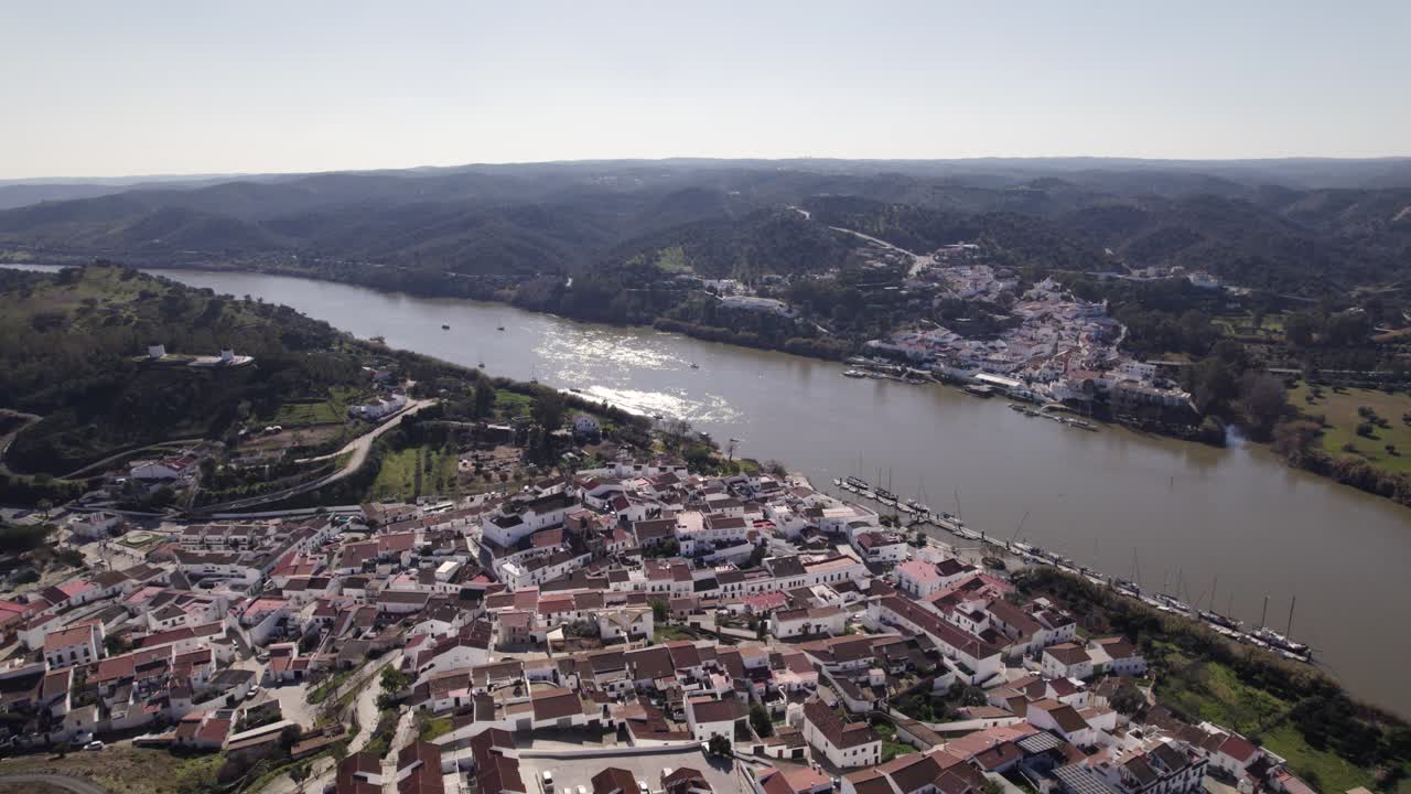 Aerial Alcoutim and Sanlúcar de Guadiana with river between Portugal and Spain