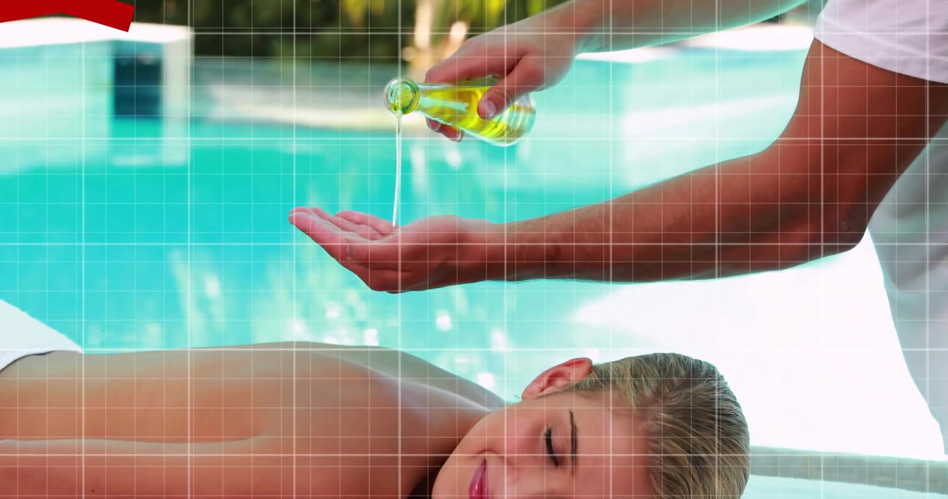 Therapist pouring massage oil on back animating colored graph lines mapping pressure on grid