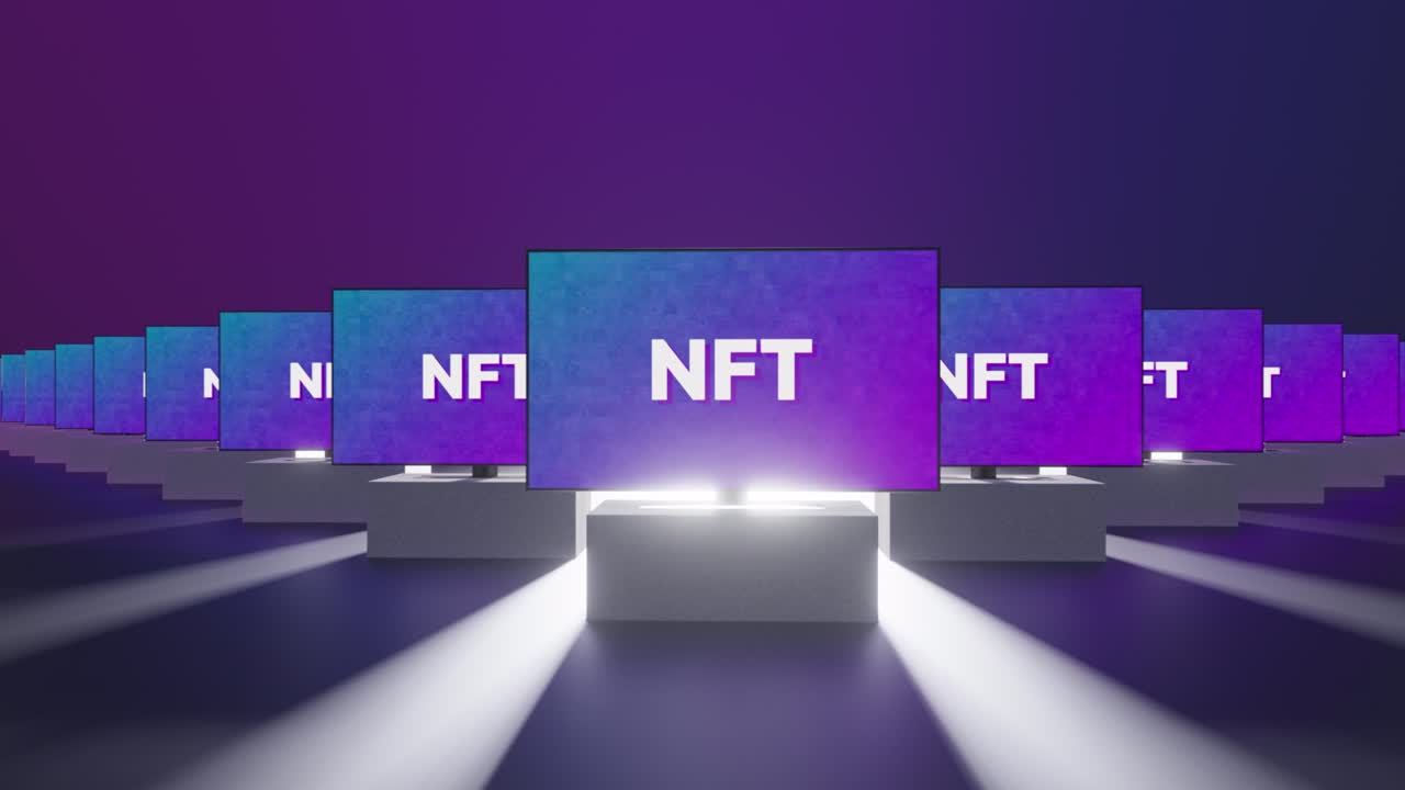 arte criptográfico de texto nft en pantallas en una exposición virtual, representación realista en 3d del concepto de token no fungible