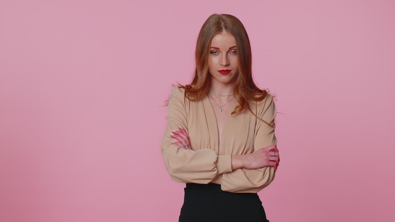 Dissatisfied businesswoman asking reason of failure expressing disbelief irritation feeling bored