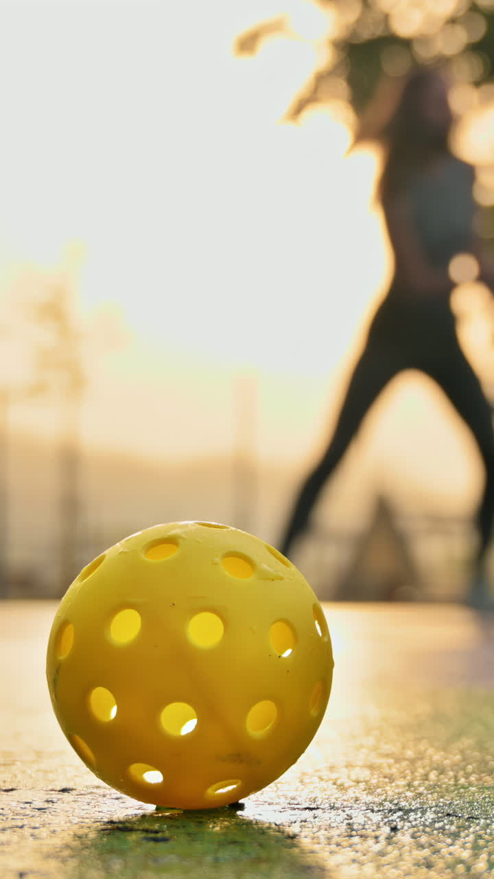 Close up of a yellow ball on a blue and green court with a woman playing pickleball at sunrise, after rain on the background. Vertical