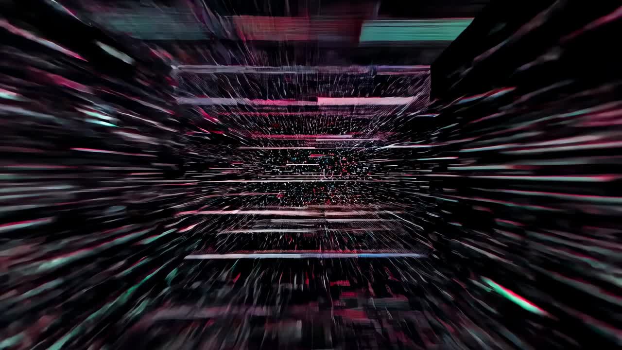 Stretching colorful particles initiating camera moving through neon-lit tunnel, intensifying speed