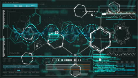 animation of chemical structures over interface with data processing against black background