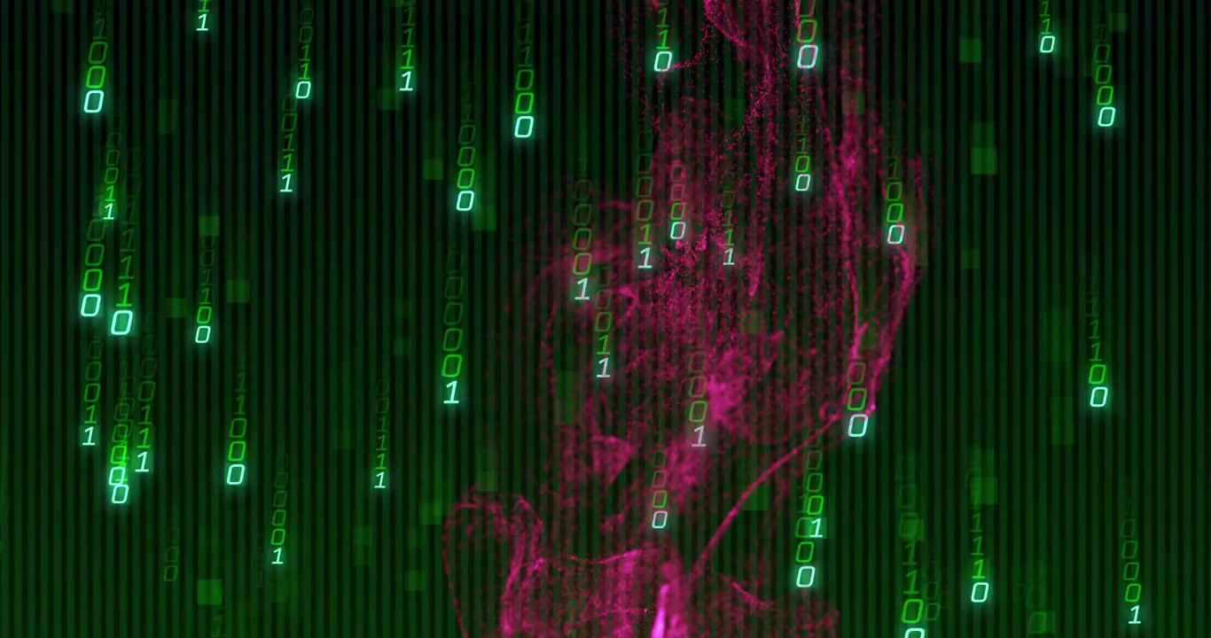 Einsekündiger Impuls, der magentafarbenen Rauch freisetzt, der nach unten strömt, inmitten von grünem Binärcode, der den Datenfluss anzeigt