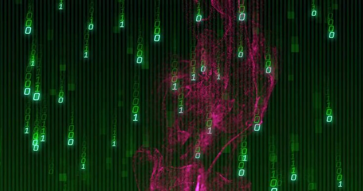 One-second cue releasing magenta smoke streaming downward amid green binary code showing data flow
