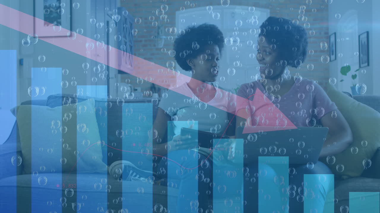Animation of statistical data processing over african american mother and daughter using laptop