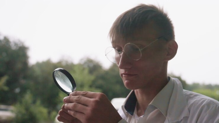 Young scientist in white coat and glasses carefully examining pastry through magnifying glass during outdoor research, showing focus, curiosity, and dedication to scientific observation