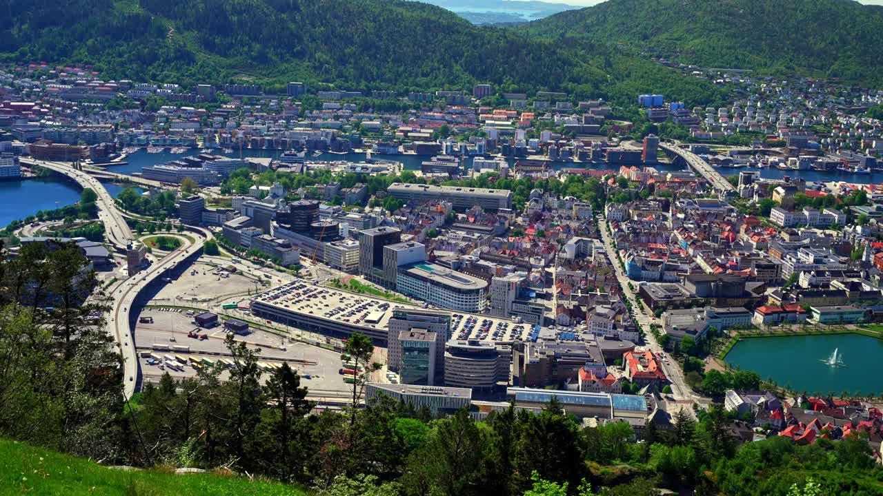 The city of Bergen, Norway, panoramic views, particularly when seen from elevated locations. These views often feature the harbor, historic Bryggen wharf, and the surrounding fjords and mountains