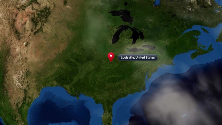 Satellite view zooms from outer space directly toward Louisville, Kentucky, pinpointing the location marker. Includes NASA public domain imagery.