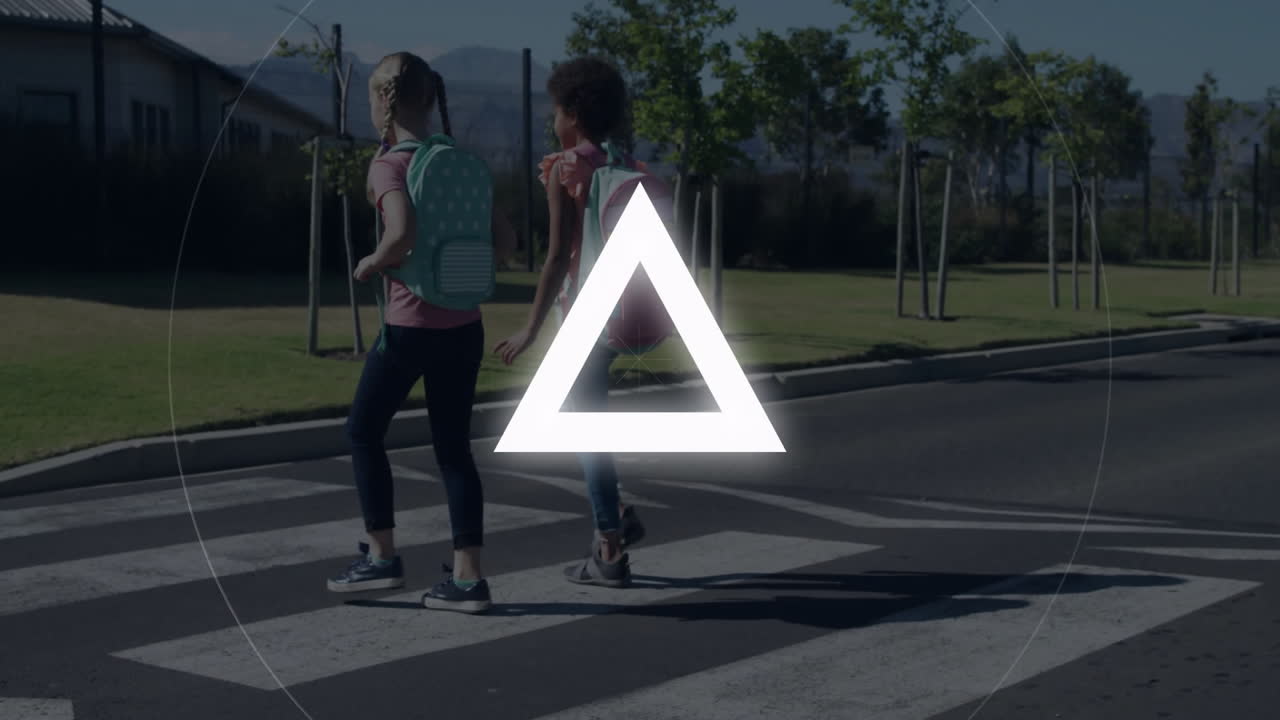 Crossing street with backpacks, children overlaid with school animation of clock
