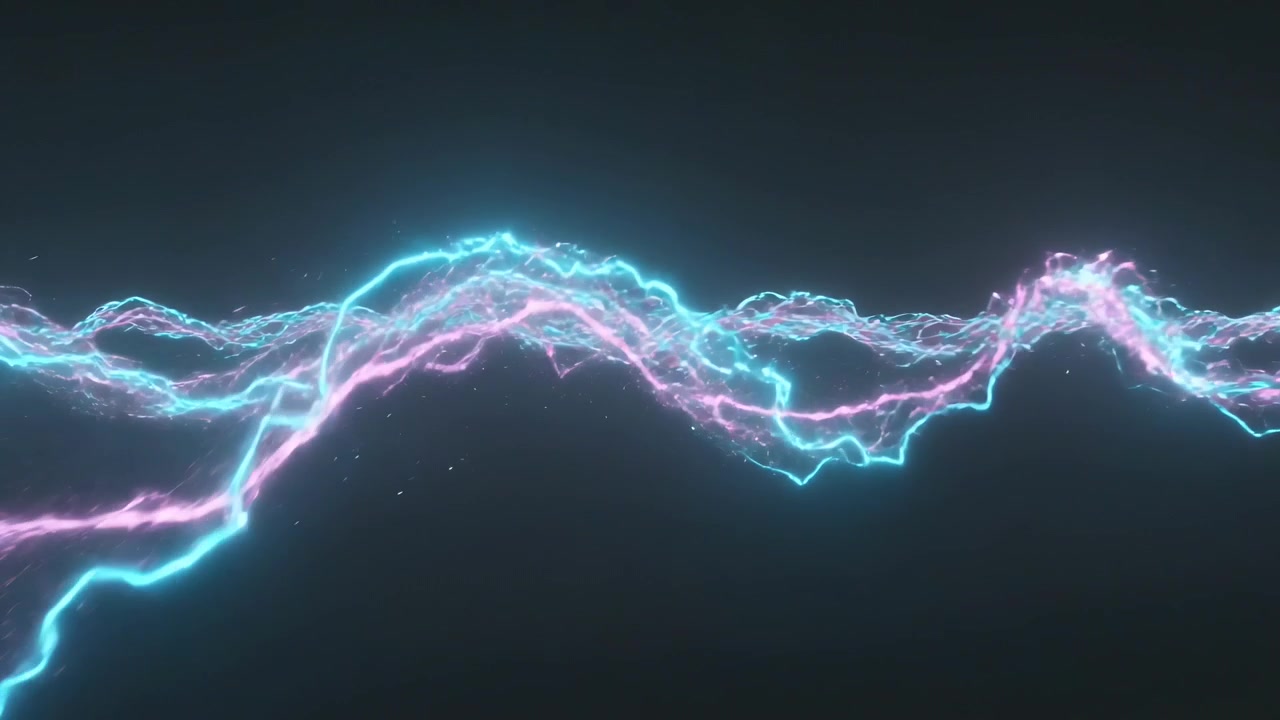Sparking cyan and magenta ribbons waving across dark backdrop, forming woven crosses with sparks