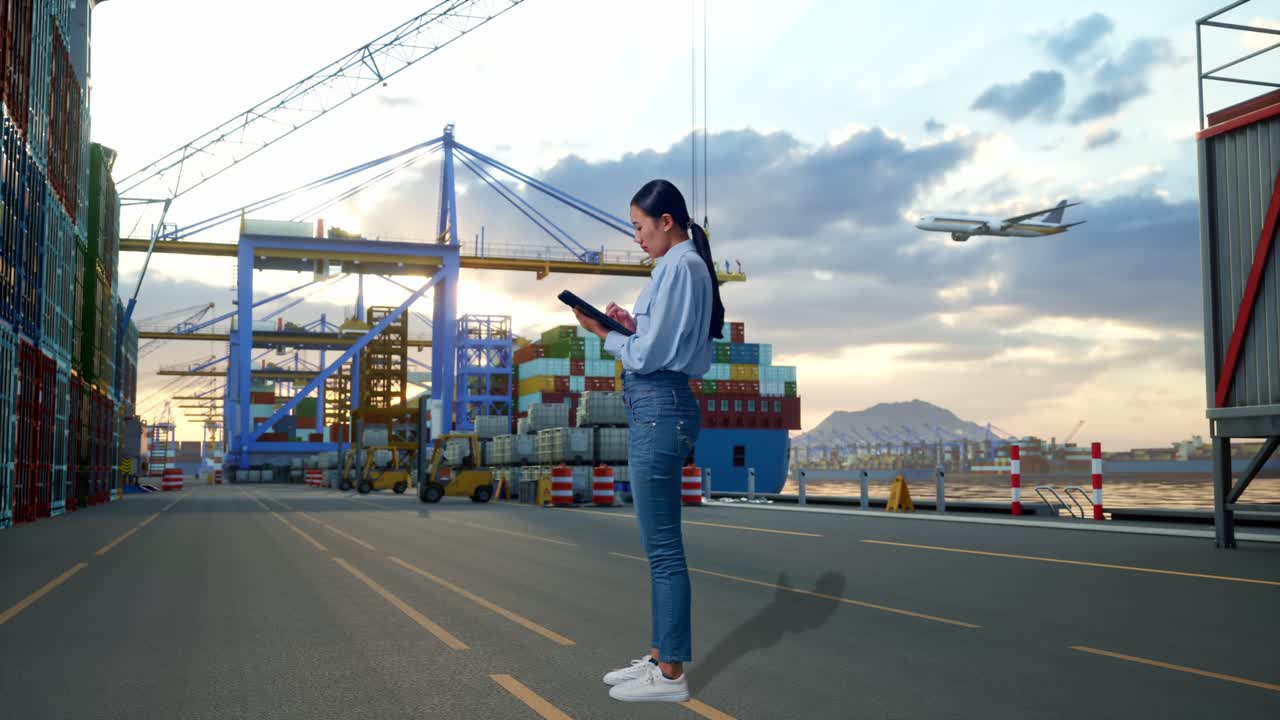 Full Body Side View Of Asian Female With Tablet at Port with Container Ship and Cranes, She Observes By Looking Around Before She Come To Concentrating With Tablet