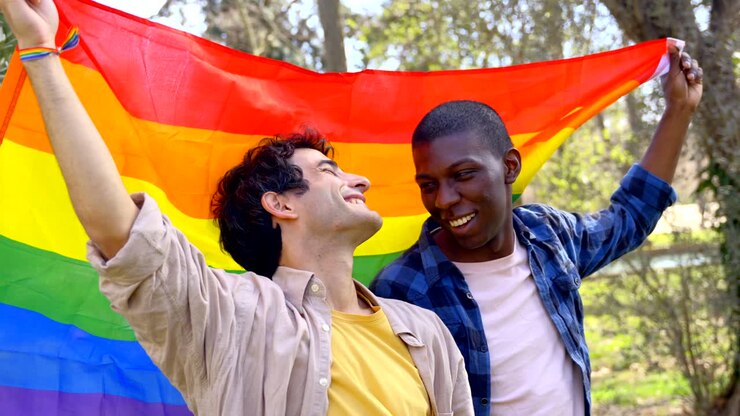 Two Men Holding a Rainbow Flag