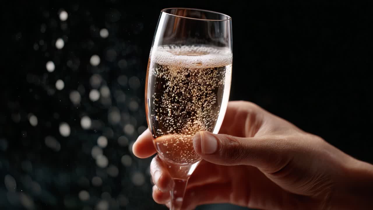 Una mano che regge un calice di champagne scintillante con bollicine su uno sfondo scuro, catturando l'essenza della celebrazione e dei brindisi