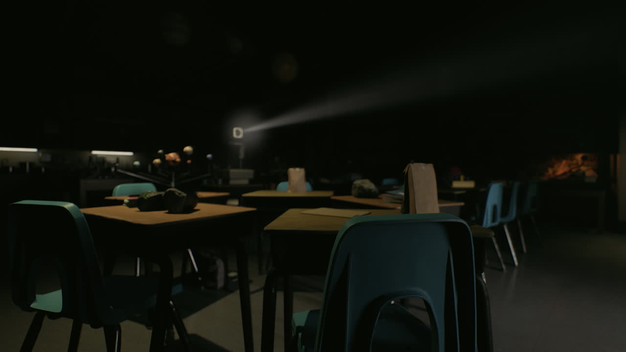 책상과 의자가 있는 빈 교실