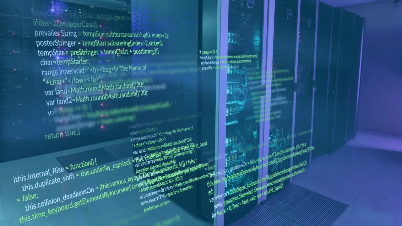 animación de lenguaje informático multicolor sobre sistemas de servidor de datos en la sala de servidores