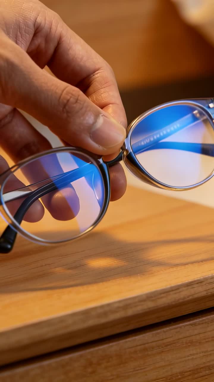 Mano destra che si allunga, afferra e inclina gli occhiali su un vassoio di legno, mostrando un riflesso blu per l'ottica.