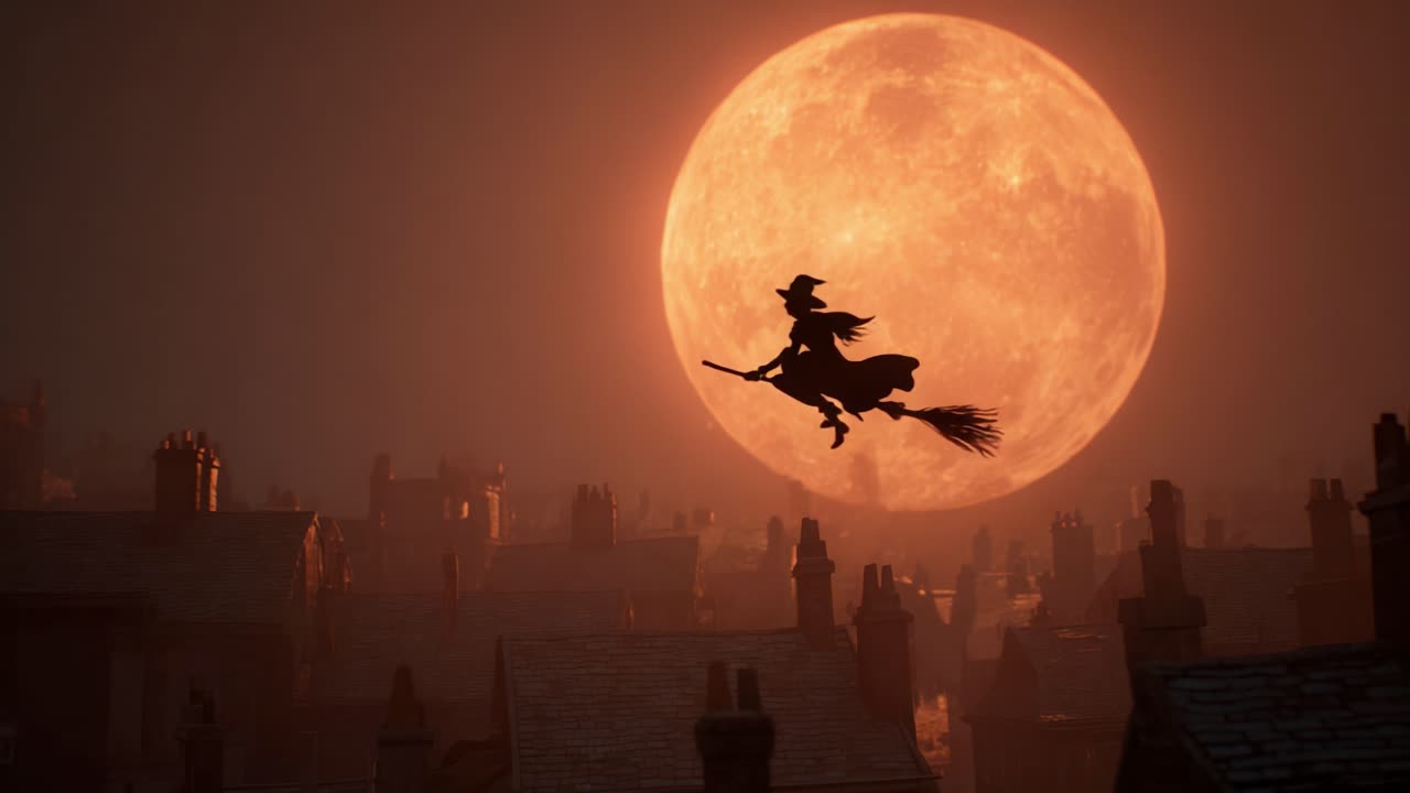 A Mysterious Witch Soars Against a Majestic Full Moon, Casting Enchantment Over an Old Town Rooftop in a Spellbinding Nighttime Scene