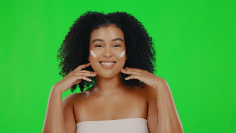 face, green screen and woman with cream
