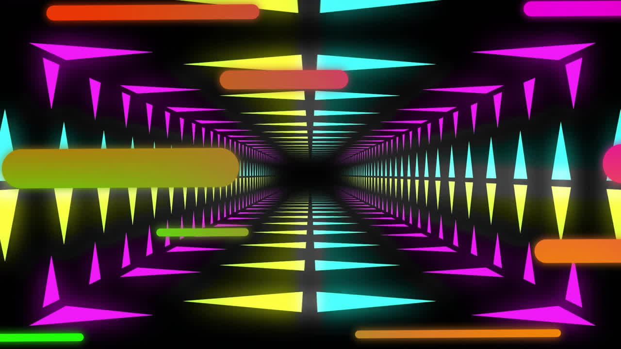 Animation of colourful shapes moving and digital tunnel on black background