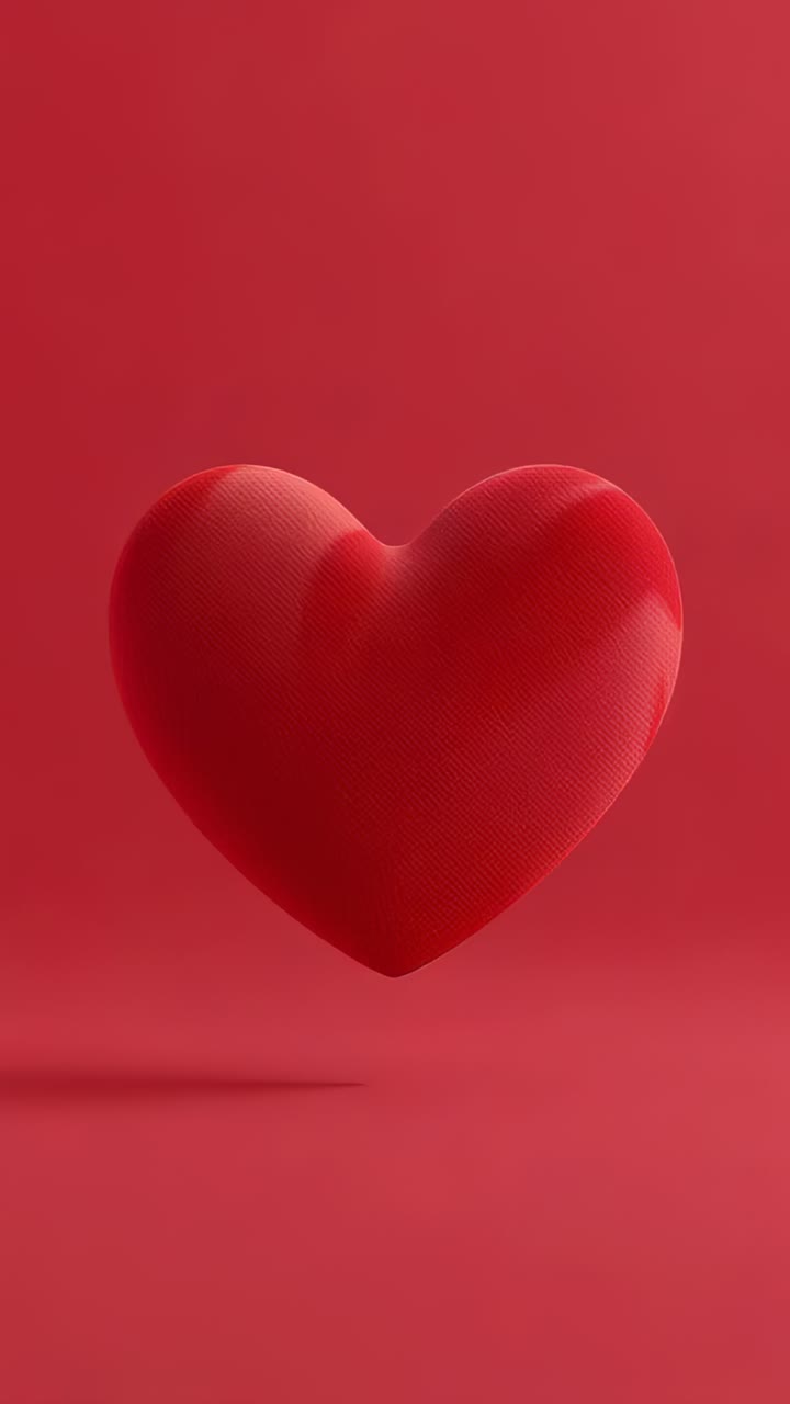 Video verticale: animazione di un cuore di peluche rosso che fluttua e ruota in studio, rivelando una texture vellutata