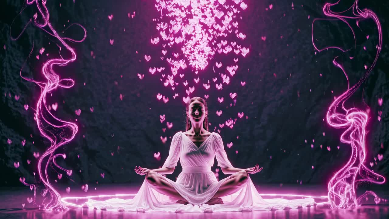 Pink hearts gently descend upon a meditating woman in a white dress, bathed in a soft, ethereal glow within a circular neon light, creating a serene and magical atmosphere