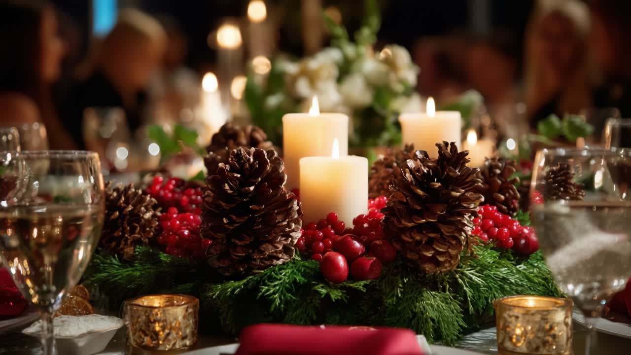 Elegant Christmas Table Setting Featuring Candles, Pinecones, and Seasonal Decorations for a Festive Holiday Gathering with a Warm and Inviting Atmosphere