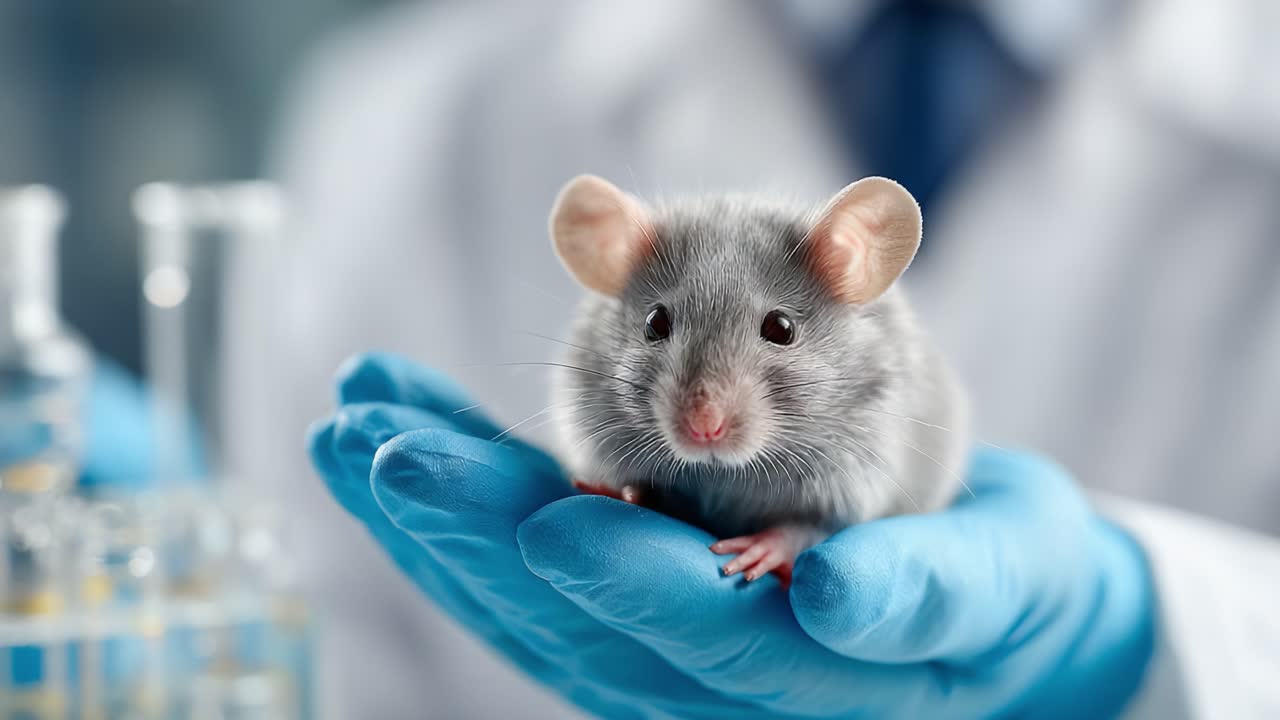 Un topo da laboratorio tra mani protettive: esplorazione del ruolo dei roditori nella ricerca scientifica e nell'innovazione in un ambiente controllato