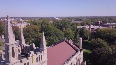 rising aerial of tower and campus area at hope college in michigan