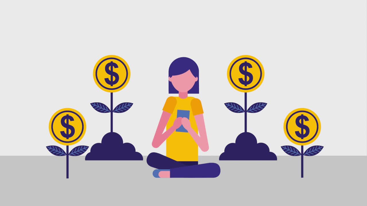 스마트폰과 식물 성장 동전을 사용하여 앉아있는 여성