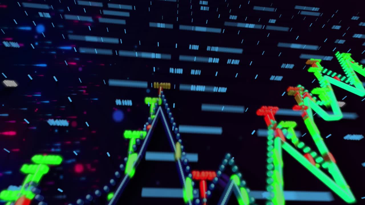 Data pulse arriving, 3D neon chart growing into peak and zigzag, visualizing trend shifts