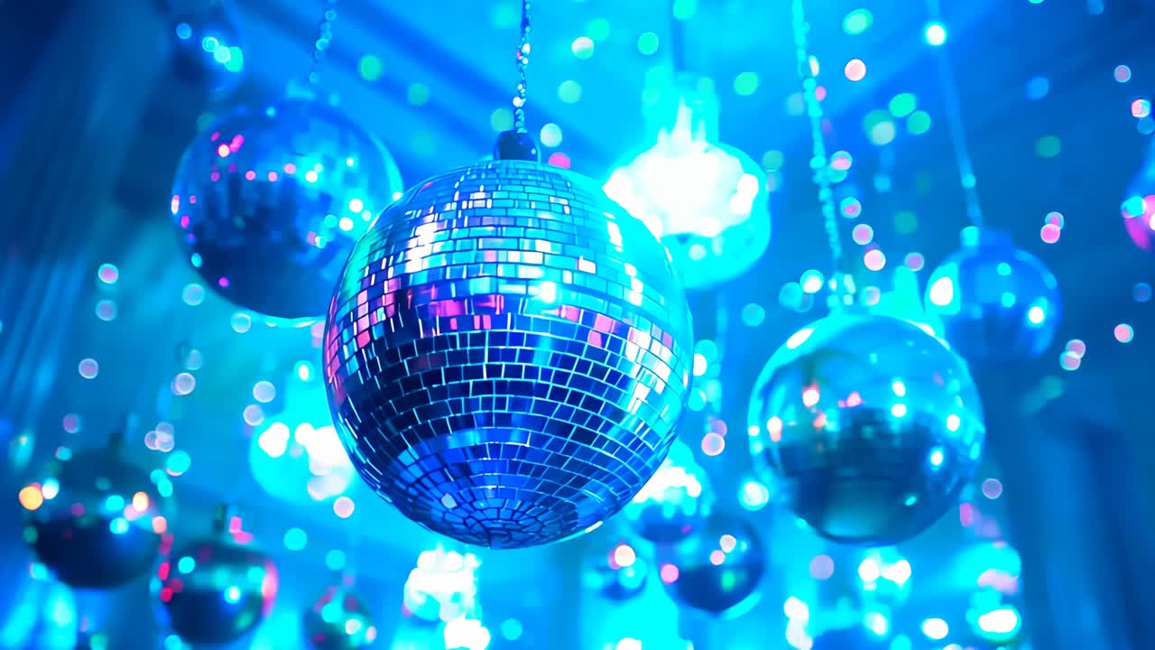 A room with many disco balls hanging from the ceiling. The room is decorated for a party. Scene is festive and lively