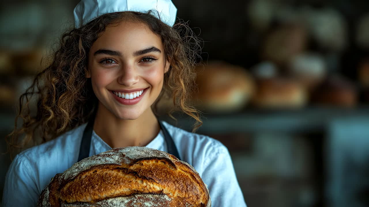 Smiling baker holds freshly baked bread. A happy young woman in a chef hat presents a round loaf of bread in a cozy bakery setting