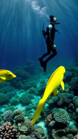 scuba diver exploring coral reef underwater