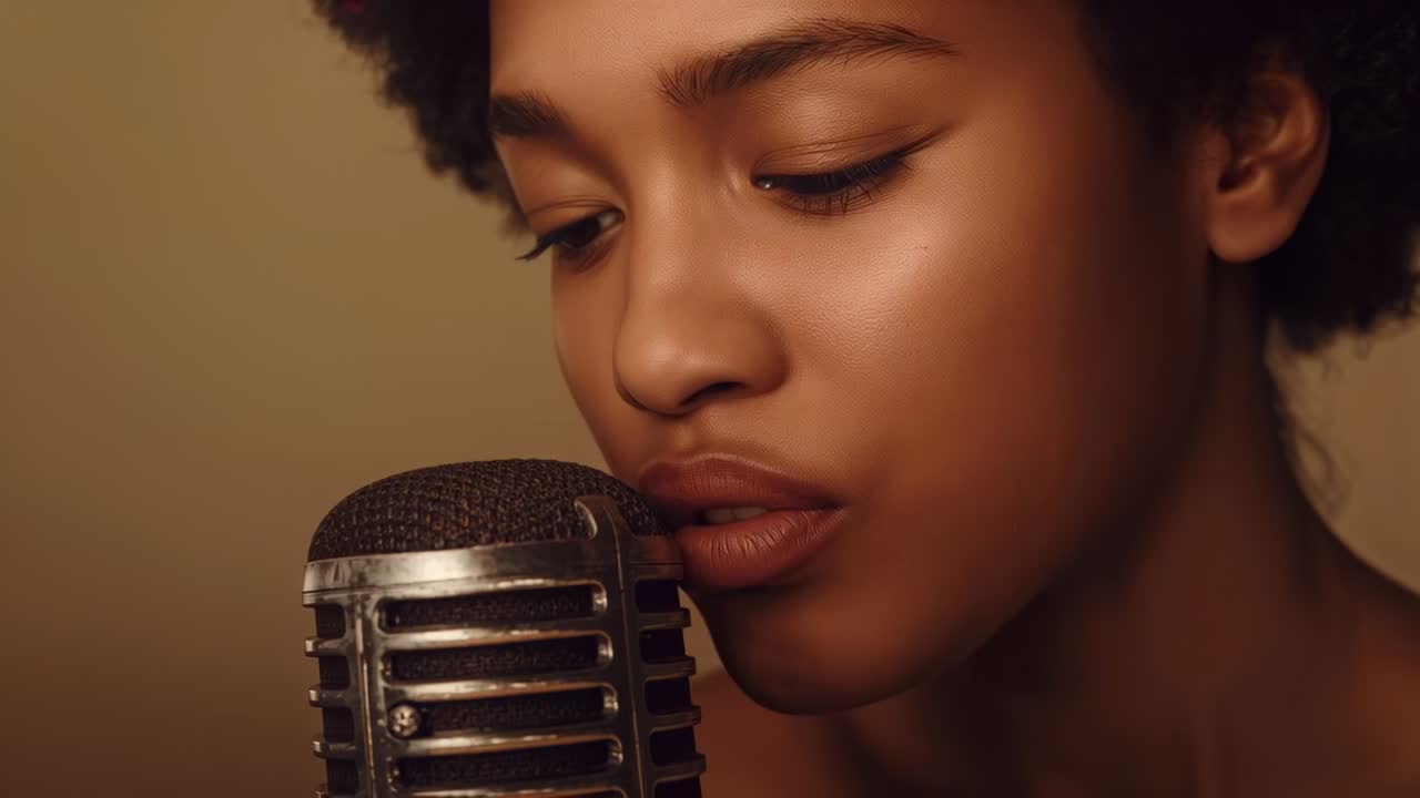 Singing singer inhaling leaning toward vintage microphone in studio, recording in strapless top
