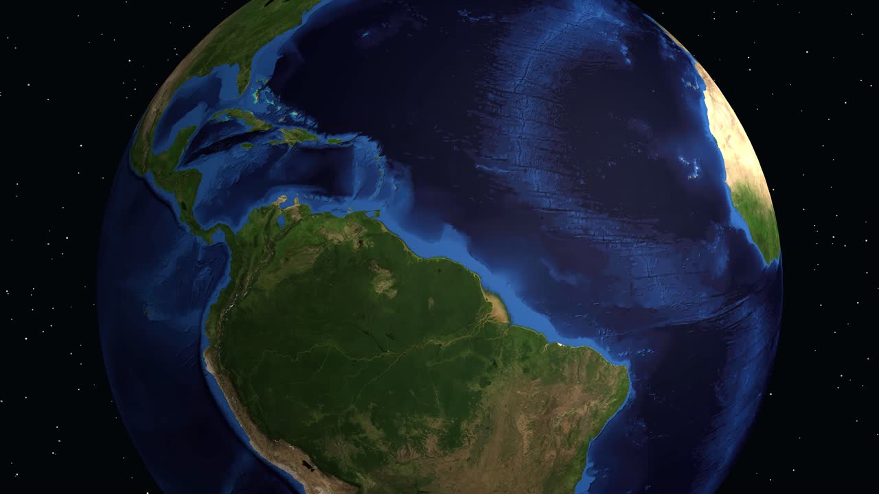 Un globo digitale ruota e zooma sul Sud America, evidenziando Bucaramanga con un segnaposto.