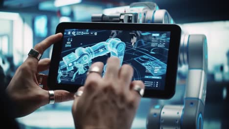 exploring advanced technology, a user interacts with a tablet to control a robotic arm in a modern workshop. the environment showcases cutting-edge design features.