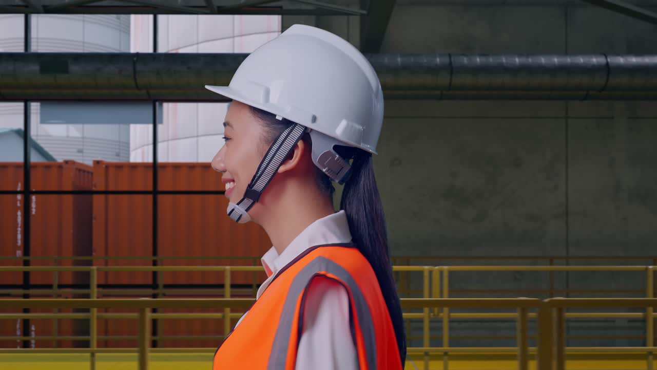 Vista laterale di un'ingegnera asiatica che cammina e ispeziona le operazioni di un impianto di riciclaggio di plastica con un nastro trasportatore di bottiglie.