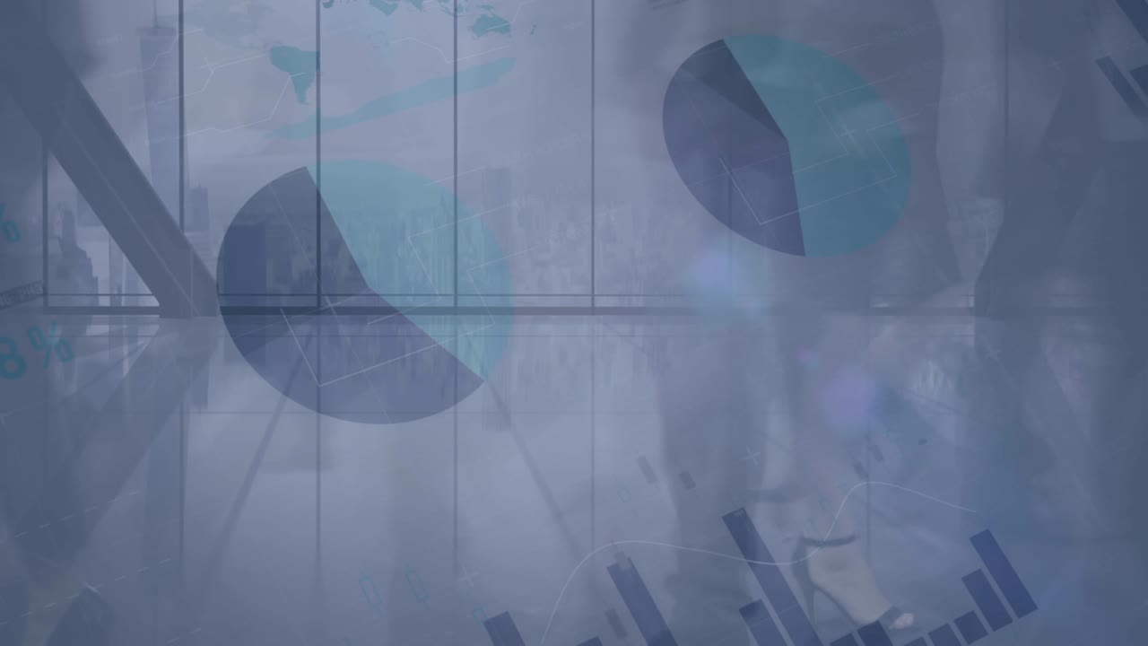 Animation of statistics and data processing over business people