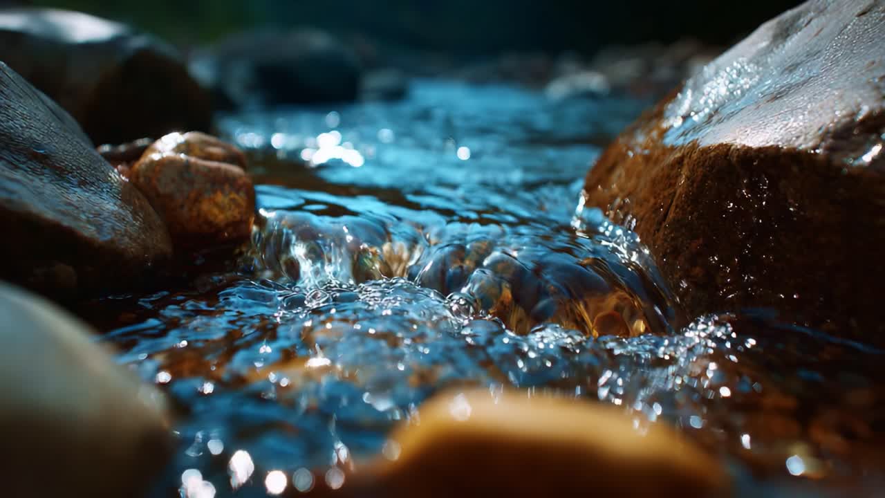 Captivating Flow: A Serene Stream Glistening Between Smooth Stones with Vibrant Reflections in Nature's Tranquil Setting and Gentle Water Movements