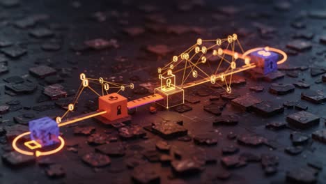 a visual representation of secure data transfer in a digital network utilizing encryption and interconnected nodes for enhanced cybersecurity