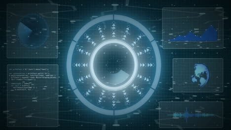 Animation-of-scope-scanning-over-data-processing-with-connections,-diagrams-and-globe