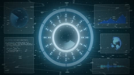 animation of scope scanning over data processing with connections, diagrams and globe
