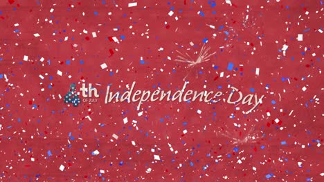 digital animation of confetti falling over happy 4th of july independence text on red background