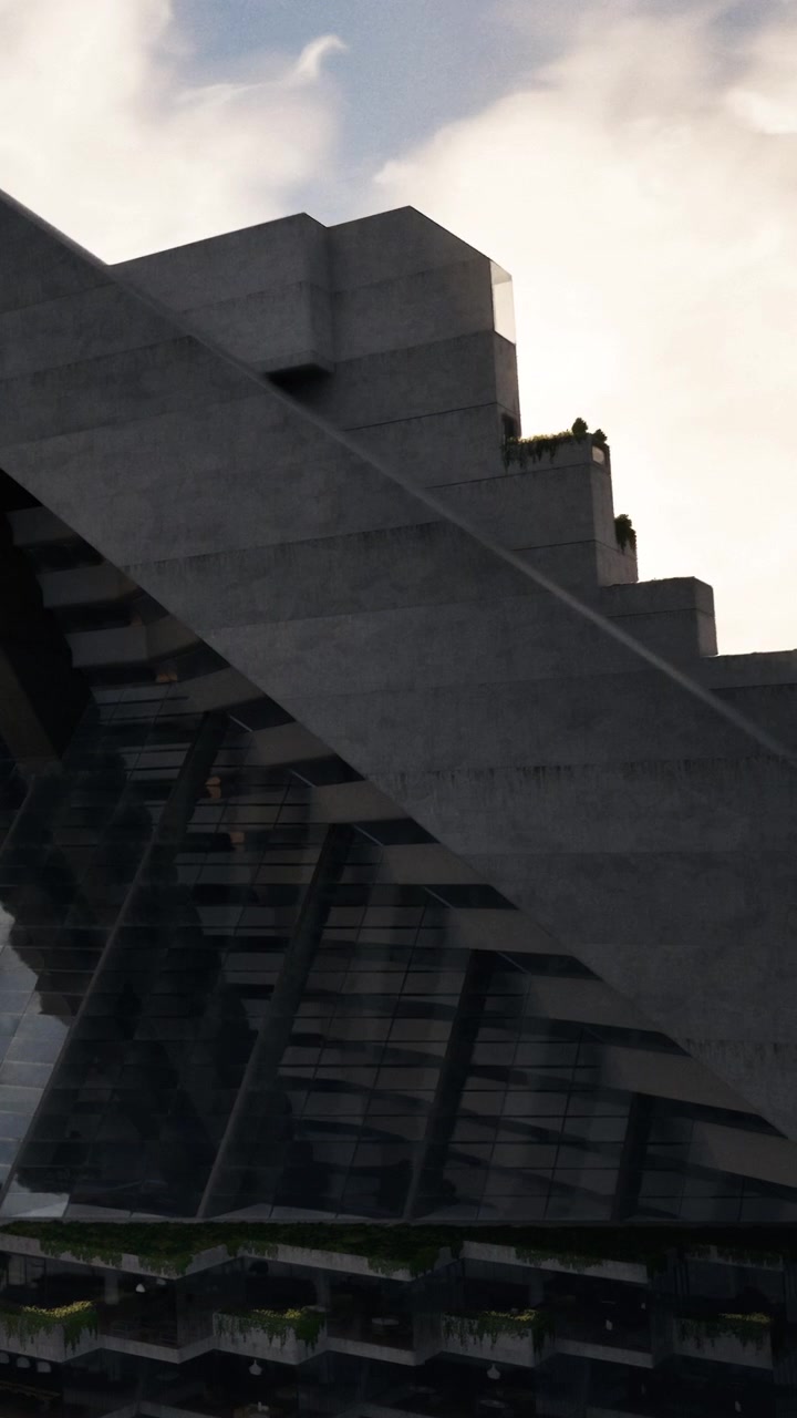 Estructura de edificio moderno que muestra un diseño angular en un paisaje urbano durante el día.