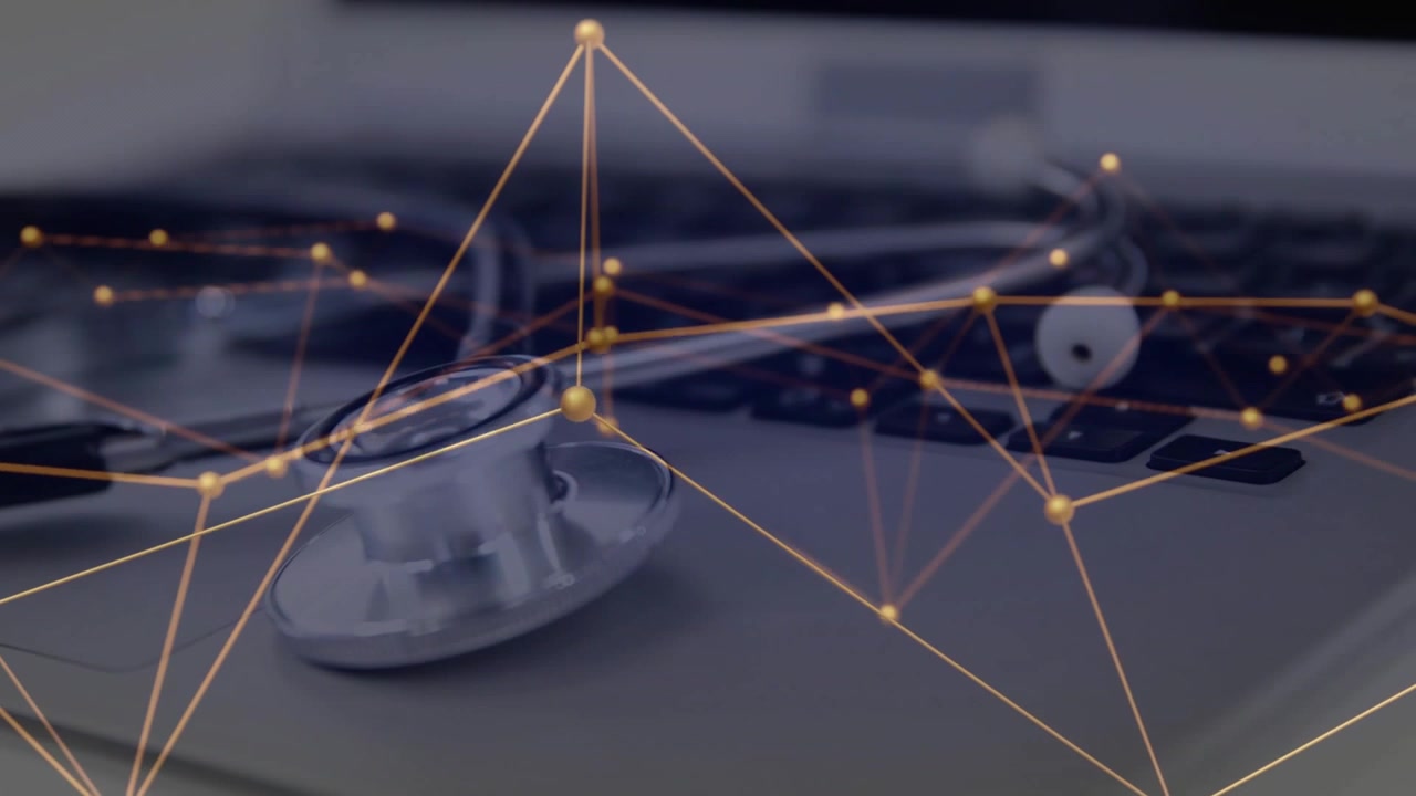 Rack focus revealing stethoscope on laptop, golden node network linking device and health data